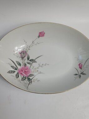 Fine China of Japan Golden Rose Oval Serving Bowl Pink Roses Gray Leaves